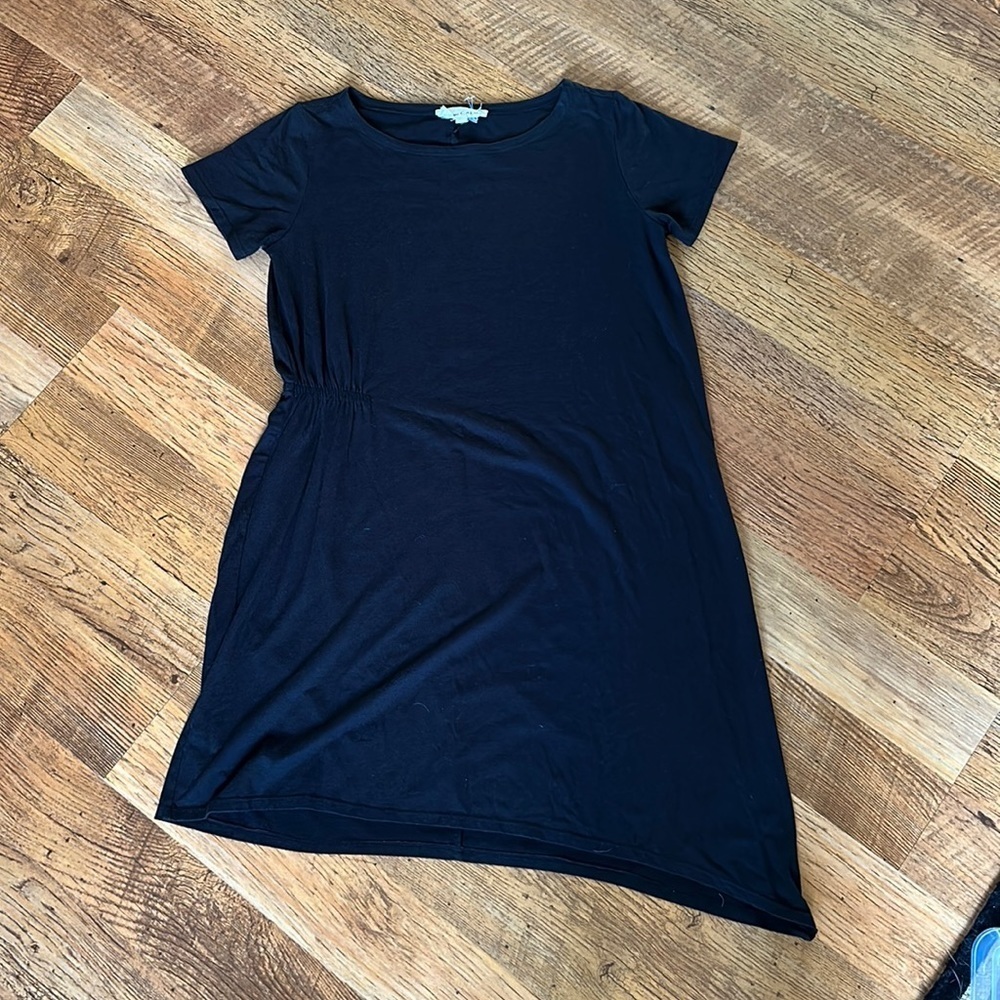 Johnny Was Calmé Asymmetrical Hem Line Short Sleeve Black Dress with Ruching D1
